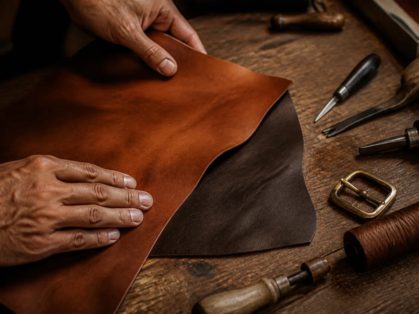 Full-grain leather, thread, brass hardware and hand tools