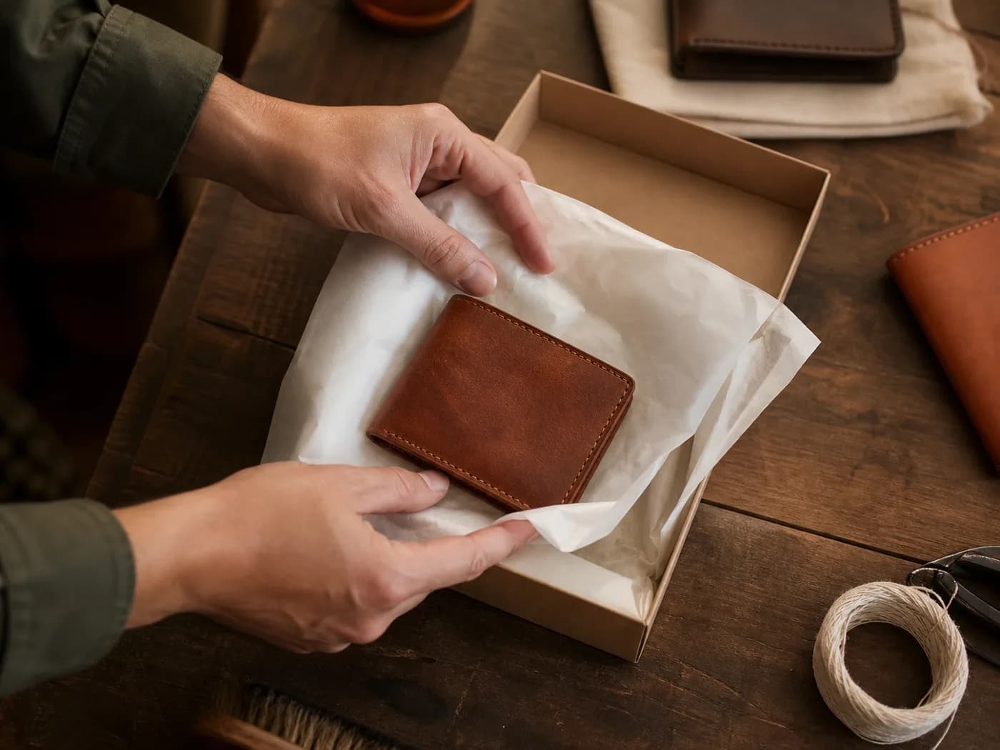 Finished leather wallet being carefully wrapped for delivery