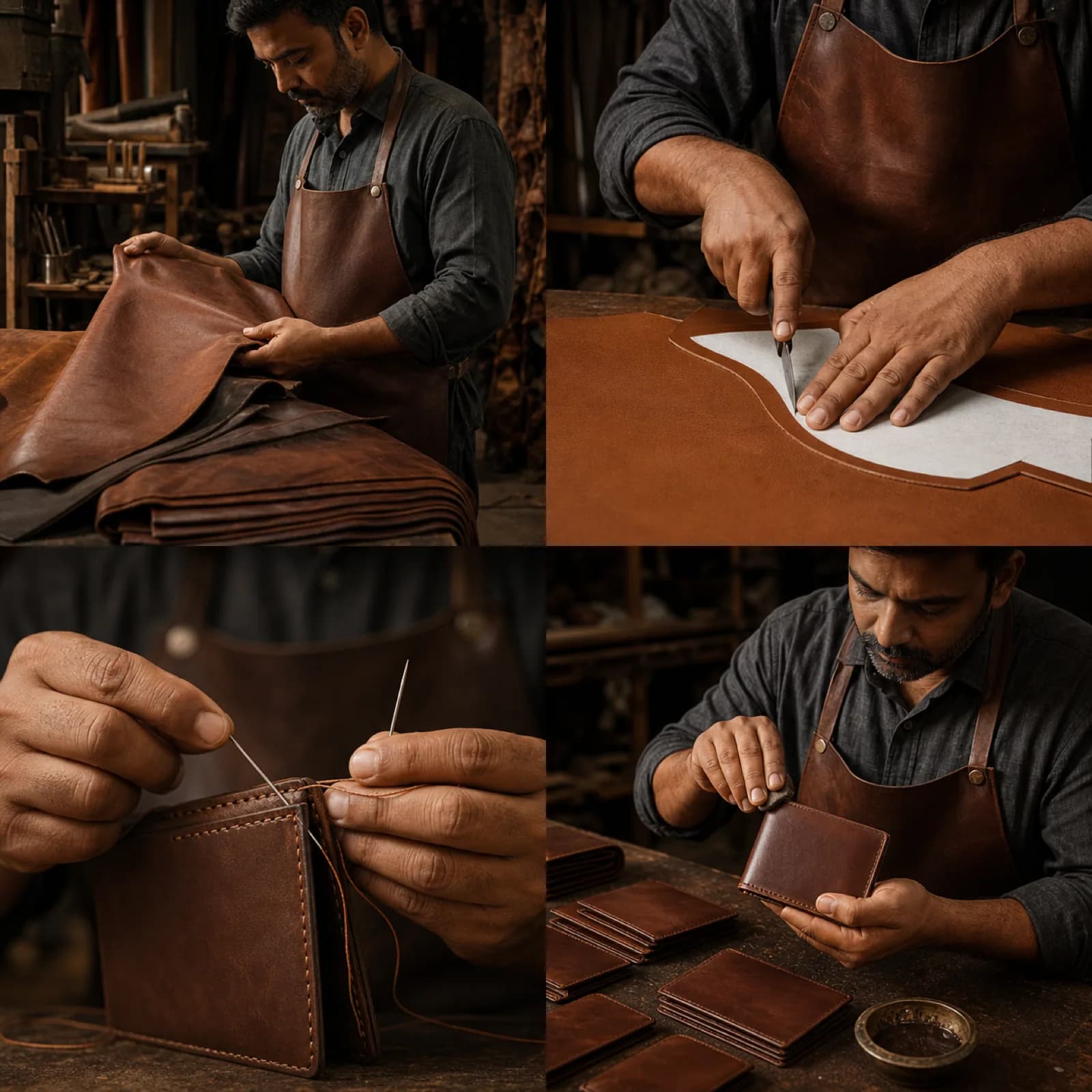 Hands caring for and finishing a leather product
